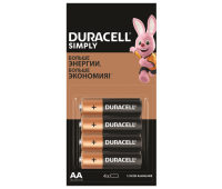 Батарейки КОМПЛЕКТ 4 шт. (отрывной блок), DURACELL Simply, AA (LR06, 15А), алкалиновые, пальчиковые, 5009139 455043