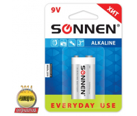 Батарейка SONNEN, 6LR61 (тип КРОНА), 1шт., "Everyday use", АЛКАЛИН, в блистере, 9В, 451092
