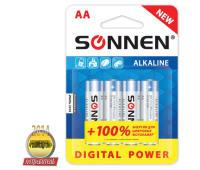 Батарейки SONNEN, AA (LR6), КОМПЛЕКТ 4шт., СУПЕРАЛКАЛИН, в блистере, 1.5В, 451094