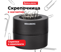 Скрепочница магнитная BRAUBERG с 30 скрепками, большой бочонок, черная, 225191