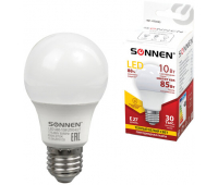 Лампа светодиодная SONNEN, 10 (85) Вт, цоколь Е27, грушевидная, теплый белый свет, LED A60-10W-2700-E27, 453695