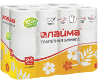 Бумага туалетная бытовая, спайка 24 шт., 2-х слойная (24х19 м), ЛАЙМА, белая, 128719