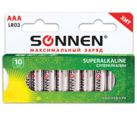 Батарейки SONNEN Super Alkaline, AAA (LR03, 24А), "Everyday" 10шт 454232