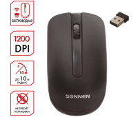 Мышь беспроводная SONNEN M-3032, USB, 1200 dpi, 2 кнопки + 1 колесо-кнопка, оптическая, черная, 512640