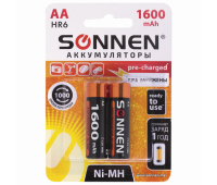 Батарейки аккумуляторные SONNEN, АА (HR06), Ni-Mh, 1600 mAh, 2 шт., в блистере, 454233