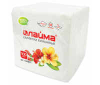 Салфетки бумажные 100 шт., 24х24 см, LAIMA/ЛАЙМА, белые, 100% целлюлоза, 126907