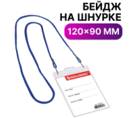 Бейдж вертикальный БОЛЬШОЙ (120х90 мм), на синем шнурке 45 см, 2 карабина, BRAUBERG, 235716