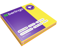 Самоклеящийся блок Berlingo "Ultra Sticky", 75*75мм, 100л, 4 неоновых цвета, LSn_39602, 270286