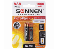 Батарейки аккумуляторные КОМПЛЕКТ 2 шт., SONNEN, AAA (HR03), Ni-Mh, 1000 mAh, в блистере, 454237