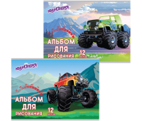 Альбом для рисования, А4, 12 листов, скоба, обложка картон, ЮНЛАНДИЯ "Монстр-трак" (2 вида), 105041