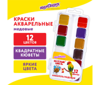 Краски акварельные ЮНЛАНДИЯ "ВЕСЁЛЫЙ ШМЕЛЬ", медовые, 12 цветов, квадратные кюветы, пластик, 192362