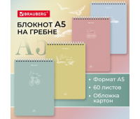 Блокнот А5 (146х206 мм), 60 л., гребень, картон, клетка, BRAUBERG, "Pastel", 114362