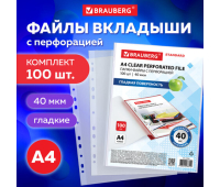 Папки-файлы перфорированные А4 BRAUBERG "STANDARD", КОМПЛЕКТ 100 шт., гладкие, 40 мкм, 229661