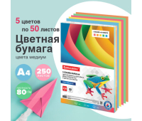 Бумага цветная BRAUBERG, А4, 80 г/м2, 250 л., (5 цветов х 50 л.), медиум, для офисной техники, 112465