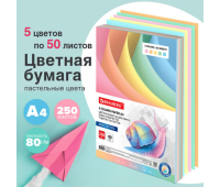 Бумага цветная BRAUBERG, А4, 80 г/м2, 250 л., (5 цветов х 50 листов), пастель, для офисной техники, 112463