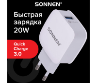 Зарядное устройство быстрое сетевое (220 В) SONNEN, порт USB, QC3.0, выходной ток 3А, белое, 455506