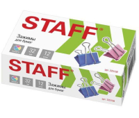 Зажимы для бумаг STAFF "Profit", КОМПЛЕКТ 12 шт., 32 мм, на 140 листов, цветные, картонная коробка, 225158