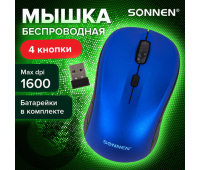 Мышь беспроводная SONNEN V-111, USB, 800/1200/1600 dpi, 4 кнопки, оптическая, синяя, 513519