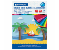 Цветная бумага А4 2-сторонняя мелованная, 16 листов 16 цветов, на скобе, BRAUBERG ЭКО, 200х280 мм, "Кораблик", 111327