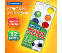 Краски акварельные BRAUBERG 12 цветов "Футбол", медовые, круглые кюветы, 192565