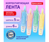 Корректирующая лента BRAUBERG PASTEL 360, 5 мм х 6 м, ассорти, автоматическая, блистер, 272662