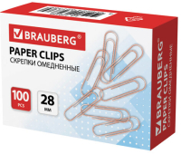 Скрепки BRAUBERG, 28 мм, омедненные, 100 шт., в картонной коробке, 270448