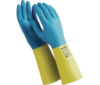 Перчатки латексно-неопреновые MANIPULA "Союз", КЩС-1, хлопчатобумажное напыление, размер 9-9,5 (L), синие/желтые, LN-F-05, 605834