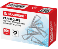 Скрепки BRAUBERG, 25 мм, никелированные, треугольные, 100 шт., в картонной коробке, 270440