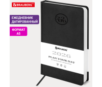 Ежедневник датированный 2026, А5, 138x213 мм, BRAUBERG "Favorite", под кожу, черный, 117037