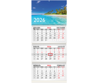 Календарь квартальный на 2026 г., 3 блока, 3 гребня, бегунок, офсет, BRAUBERG, "Тропический пляж", 116781