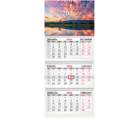 Календарь квартальный на 2026 г., 3 блока, 3 гребня, бегунок, офсет, BRAUBERG, "На закате", 116758
