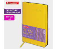 Ежедневник датированный 2026 А5 138x213 мм, BRAUBERG "Stylish", под кожу, гибкий, желтый, 117101
