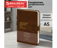 Ежедневник датированный 2027, А5, 138х213 мм, BRAUBERG "Trace", под кожу, ремешок, темно-коричневый, 117980