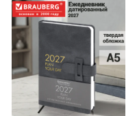 Ежедневник датированный 2027, А5, 138х213 мм, BRAUBERG "Trace", под кожу, ремешок, серый, 117982