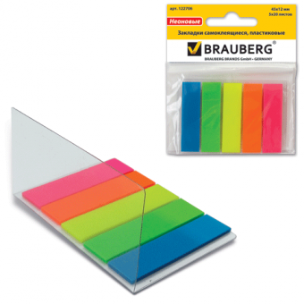 Закладки самоклеящиеся 45*12 мм, 5*20 листов, цвета: синий, зеленый, желтый. оранжевый, розовый,.в пластиковой книжке BRAUBERG 122706