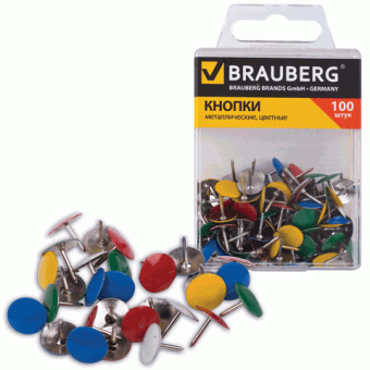 Кнопки канцелярские цветные металлические 10 мм, 100 штук BRAUBERG 221114