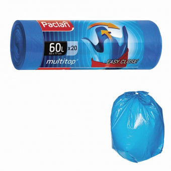Мешки для мусора на 60 литров с завязками Paclan Multi-Top синие (ПНД, 14 мкм, в рулоне 20 штук, 60x77 см) 402092, 194358