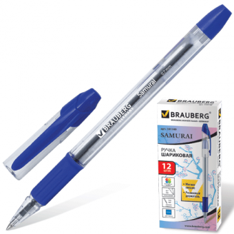 Ручка шариковая синяя с резиновым упором BRAUBERG "Samurai" 141149