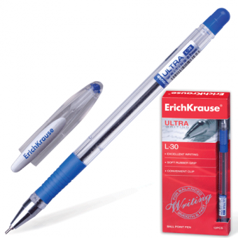 Ручка шариковая синяя с резиновым упором, чернила на масляной основе ERICH KRAUSE "Ultra L-30" 19613 (141251)