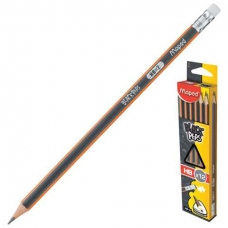 Набор карандашей чернографитных с ластиком 12 штук НВ, корпус деревянный  трехгранный MAPED "Black Pep's" 851721