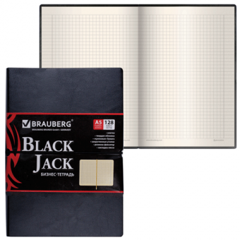 Бизнес-тетрадь А5, 128 листов в клетку, обложка "глад.кожа", резинка-фиксатор, серия "BLACK JACK", BRAUBERG 125240