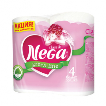 Бумага туалетная NEGA Classic (Нега), 2-х слойная, спайка 4шт.х19м, белая, ш/к 00359,125310