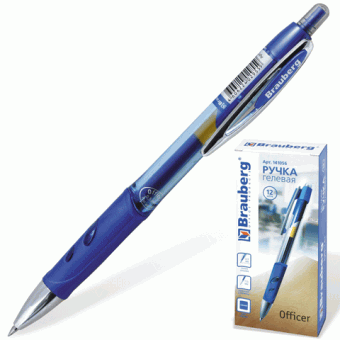 Ручка гелевая автоматическая синяя с резиновым упором BRAUBERG "Officer" 141056