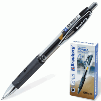 Ручка гелевая автоматическая черная с резиновым упором BRAUBERG "Officer" 141058