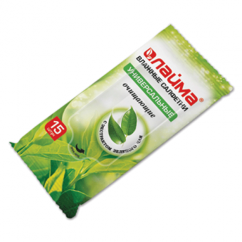 Салфетки влажные универсальные очищающие, с экстрактом зеленого чая  ЛАЙМА, 15 штук в упаковке (125956)