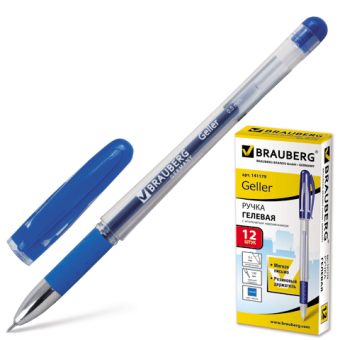Ручка гелевая синяя, BRAUBERG "Geller", корпус прозрач, игольчатый пишущий узел 0,5мм, рез.держ, 141179