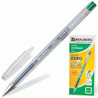 Ручка гелевая, корпус прозрачный, толщина письма 0,5 мм, зеленая BRAUBERG "Zero" 141021