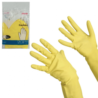Перчатки хозяйственные резиновые VILEDA "Контракт" с х/б напылением, размер M (средний), желтые, 101017, 602148/301232