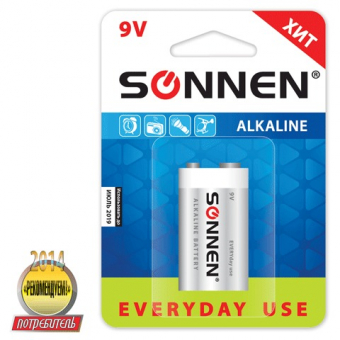 Батарейка SONNEN, 6LR61 (тип КРОНА), 1шт., "Everyday use", АЛКАЛИН, в блистере, 9В, 451092