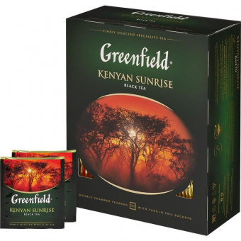 Чай GREENFIELD "Kenyan Sunrise" (Рассвет в Кении), черный, 100 пакетиков в конвертах по 2г, ш/к06005 620389/327367